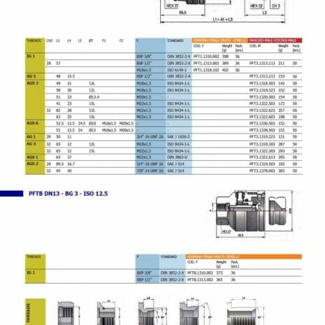 TRAILER BRAKE FEMALE 1/2"-3 hydraulicplanet Catalogue page lists technical specs and dimensions of TRAILER BRAKE FEMALE 1/2" fittings (PFT DN13 and PFT8 DIN), with diagrams and codes.