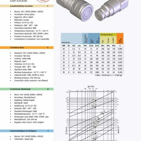Flat Face ISO 16028 PLT1-2 hydraulicplanet Technical datasheet page with images of two Flat Face ISO 16028 PLT1 valves, a colour code badge, specifications table, and product info in Italian and English. Complies with ISO 16028 standards.