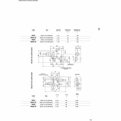 OVERCENTRE VALVES FLANGABLE ON DANFOSS MOTORS OMP/OMR-3 hydraulicplanet Technical schematic of OVERCENTRE VALVES FLANGEABLE ON DANFOSS MOTORS OMP/OMR, showing labelled components, measurements, specs, and a data table for VCSP 1/2" SF GUN CMR DUAL and compatible models.