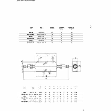 DOUBLE OVERCENTRE VALVE-3 hydraulicplanet Technical datasheet page displays the DOUBLE OVERCENTRE VALVE with a mechanical diagram labelled with dimensions and two specification tables listing models and measurements.