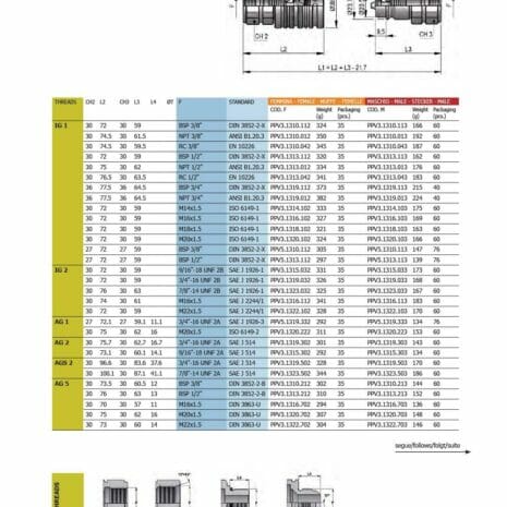 PUSH PULL SHORT BODY ½” BSP FEMALE-5 hydraulicplanet Technical spec sheet for PUSH PULL SHORT BODY ½” BSP FEMALE, featuring a table of sizes, dimensions, and codes, plus fitting diagrams at the top and bottom of the page.