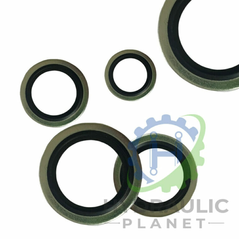 hydraulicplanet Four BONDED SEAL BSP & METRIC washers in different sizes, made of metal and rubber, are displayed on a white background with the Hydraulic Planet logo partially visible.