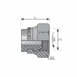 hydraulicplanet Technical drawing of a SWIVEL METRIC FEMALE PLUG, showing a cross-sectional side view with labelled dimensions L, F1, H1, and a 60° angle.