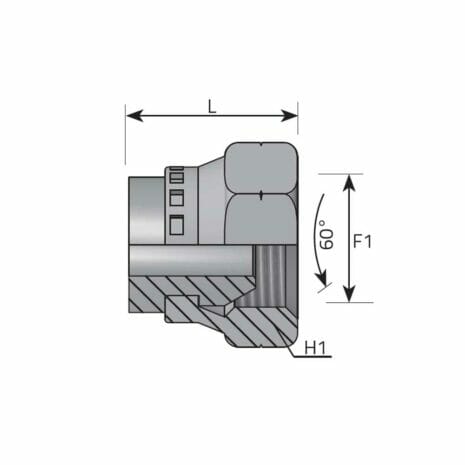 hydraulicplanet Technical drawing of a SWIVEL METRIC FEMALE PLUG, showing a cross-sectional side view with labelled dimensions L, F1, H1, and a 60° angle.