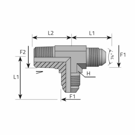 hydraulicplanet Technical diagram of a TEE MALE ADAPTOR JIC pipe fitting, displaying labelled measurements (L1, L2, F1, F2, H) and a 74° angle, illustrating both internal and external threads.