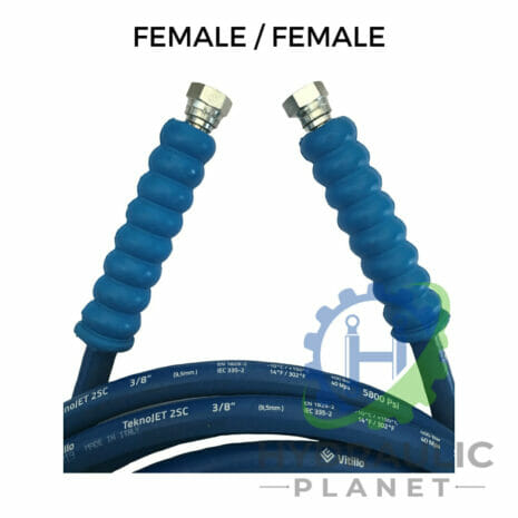 3/8" 2 WIRE BLUE PRESSURE WASHER HOSE ASSEMBLY WITH BSP FEMALE FITTINGS hydraulicplanet Two 3/8" 2 wire blue pressure washer hoses with BSP female fittings on both ends, labelled "FEMALE / FEMALE," are shown over a logo and white background.