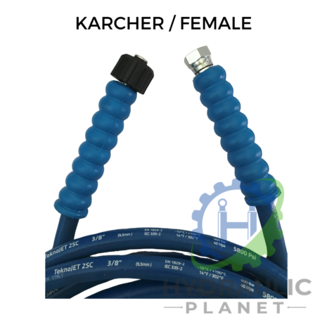 3/8" 2 WIRE BLUE PRESSURE WASHER HOSE ASSEMBLY WITH FEMALE KARCHER + BSP FEMALE hydraulicplanet Two 3/8" 2 wire blue pressure washer hoses, each with female Karcher and BSP connectors, are shown labelled "KARCHER / FEMALE" with product branding in the background.