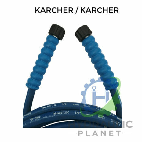 hydraulicplanet Two 3/8" blue 2-wire pressure washer hoses with female Karcher fittings, black caps, and ribbed grips are shown upright against a white background with a "HYDRAULIC PLANET" watermark.