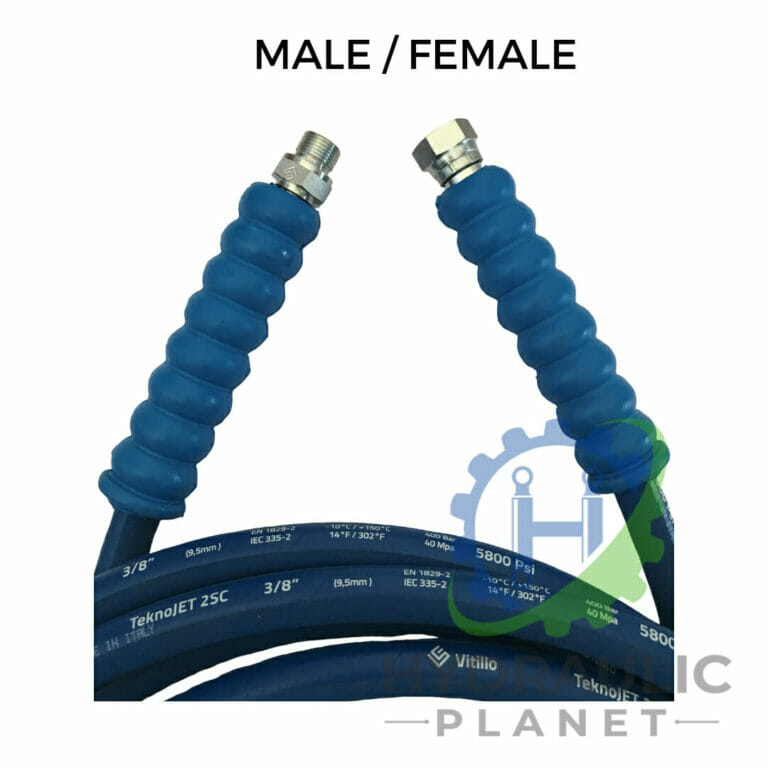 hydraulicplanet Two blue 3/8" 2-wire pressure washer hoses with coiled grips, one with a BSP male fitting and one with a BSP female fitting, labelled "MALE / FEMALE," are shown with a faint Hydraulics Planet logo in the background.