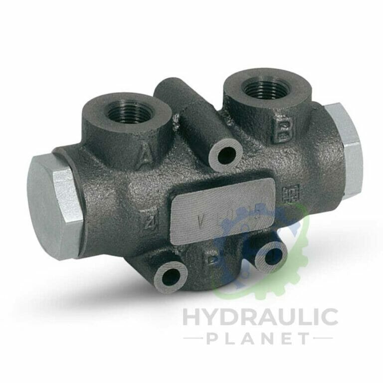 hydraulicplanet A metal hydraulic valve with four labelled ports (A, B, P, V) and two hexagonal end caps, resting on a white surface with the Hydraulic Planet logo.
