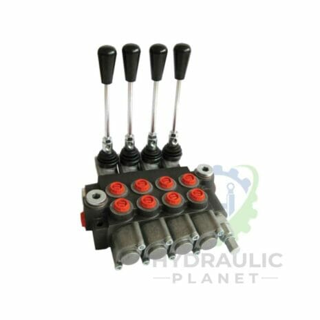 hydraulicplanet A P40 SERIES MONOBLOCK CONTROL VALVE with black handles and multiple connection ports is displayed against a white background.