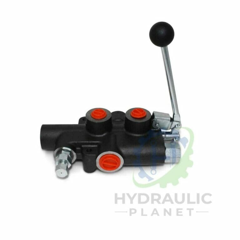 hydraulicplanet The P81 SERIES LOG SPLITTER VALVE features red caps and a metal lever handle, shown on a white background with the Hydraulic Planet logo partially visible.