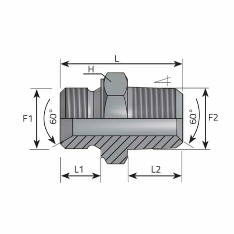 hydraulicplanet Technical drawing of the ADAPTOR MALE BSPP - MALE BSPT mechanical fitting, showing dimensions L, H, L1, L2, F1, F2, and 60-degree angles on both tapered ends.