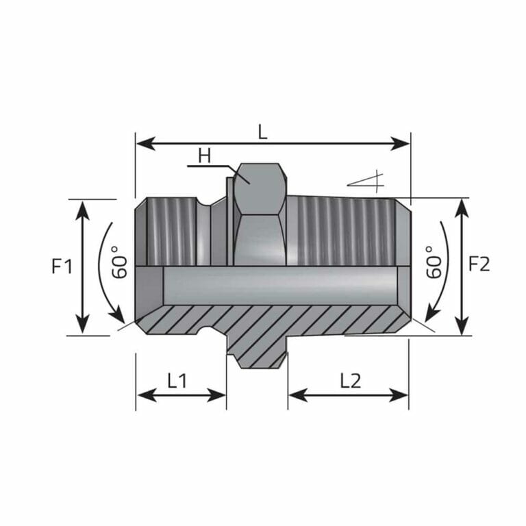 hydraulicplanet Technical drawing of the ADAPTOR MALE BSPP - MALE BSPT mechanical fitting, showing dimensions L, H, L1, L2, F1, F2, and 60-degree angles on both tapered ends.