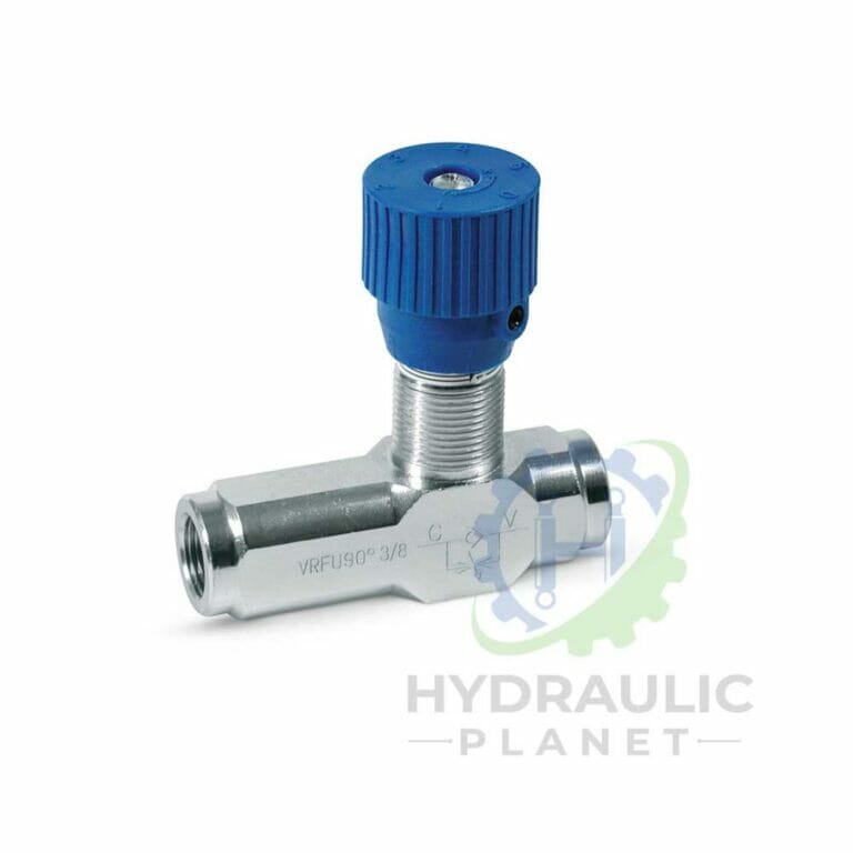 hydraulicplanet Metal hydraulic flow control valve with a blue adjustment knob, marked "VRFU90° 3/8," shown on a white background with a "Hydraulic Planet" watermark.