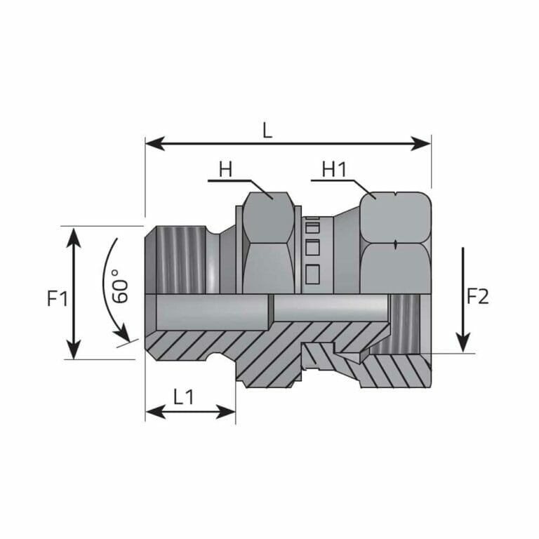 hydraulicplanet Technical drawing of ADAPTOR MALE BSPP - METRIC SWIVEL FEMALE, showing labelled dimensions L, L1, H, H1, F1, F2, and a 60° angle; includes partial section view.