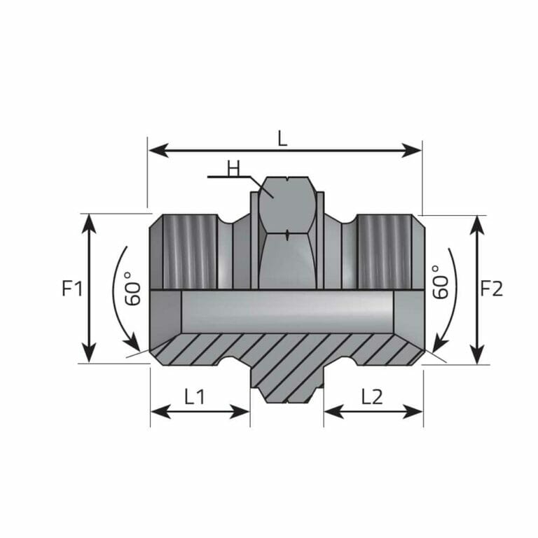 hydraulicplanet Technical drawing of a mechanical fitting with labelled dimensions L, L1, L2, H, F1, F2, and two 60-degree angles, shown in a cross-sectional view.