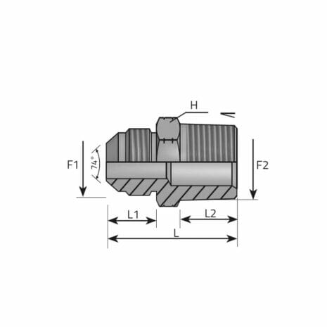 hydraulicplanet Technical drawing of an ADAPTOR MALE JIC - MALE NPT pipe fitting shows labelled sections (F1, F2, L1, L2, L, H), a marked 74° angle, and detailed dimensions with cross-sectional highlights.