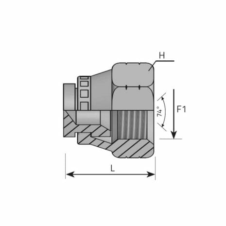 hydraulicplanet Technical drawing of the SWIVEL FEMALE PLUG JIC fitting with internal threading, showing dimensions L, H, and F1, and a 74° angle for JIC SWIVEL connections.