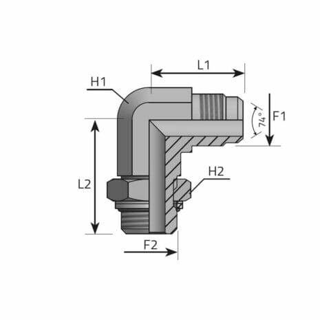 hydraulicplanet Technical drawing of a 90° ADJUSTABLE ADAPTOR MALE JIC - MALE BSPP, showing dimensions L1, L2, F1, F2, H1, H2, and a 74° angle.