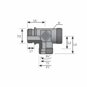 hydraulicplanet Technical drawing of the T ADAPTOR DIN MALE/DIN MALE/DIN MALE, showing an L-shaped fitting with threaded ends, labelled dimensions (L1, L2, L3, L4, F1, F2, T1, H), a 24° angle marked, and features typical of a DIN male connection.