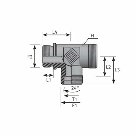 hydraulicplanet Technical drawing of the T ADAPTOR DIN MALE/DIN MALE/DIN MALE, showing an L-shaped fitting with threaded ends, labelled dimensions (L1, L2, L3, L4, F1, F2, T1, H), a 24° angle marked, and features typical of a DIN male connection.