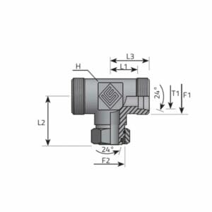 hydraulicplanet Technical diagram of the T ADAPTOR DIN MALE/DIN MALE/DIN FEMALE showing labelled dimensions (L1, L2, L3, H, T1, F1, F2), two 24-degree angle notations, and both DIN male and female connections.