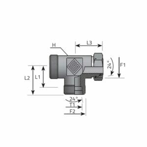 hydraulicplanet Technical drawing of a T Adaptor (DIN Male/DIN Female/DIN Male) pipe fitting with labelled dimensions (L1, L2, L3, H, F1, F2, T1) and angles at 24°, featuring specifications for DIN Female connections.