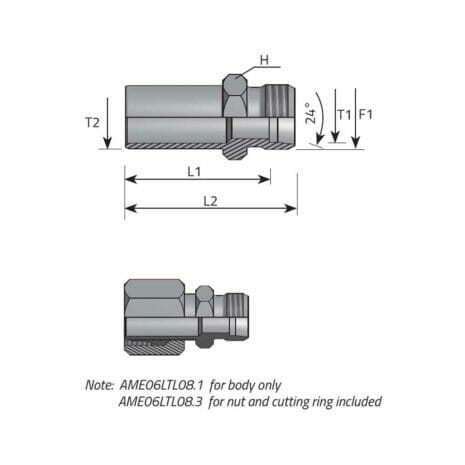 hydraulicplanet Technical drawing of the DIN MALE - DIN STANDPIPE TUBE REDUCER (LIGHT), showing labelled dimensions (T1, T2, F1, H, L1, L2) and a 24° angle; includes note on part variations and features a DIN Male Light fitting.