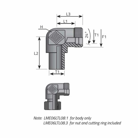 hydraulicplanet Technical drawing of the DIN MALE STUD ELBOW- DIN STANDPIPE, a right-angle fitting with labelled dimensions (L1, L2, L3, F1, T1) and angle; note: part variations per DIN standpipe specifications.