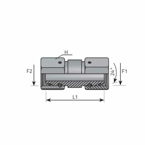 hydraulicplanet Technical drawing of the DIN FEMALE SWIVEL (LIGHT) showing a cross-sectional side view with dimensions labelled H, L1, F1, F2, and a 24° angle.