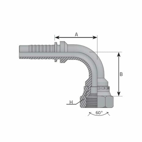 hydraulicplanet Technical drawing of the NON SKIVE FERRULE FOR 4SP/4SH, showcasing a 90° hydraulic hose fitting with dimensions A, B, H labelled and a 60° angle at the threaded end.
