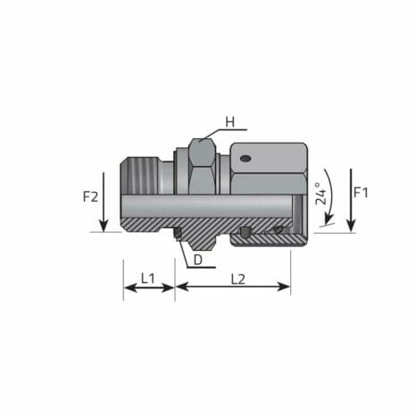 hydraulicplanet Cross-sectional technical drawing of the DIN FEMALE STUD ADAPTOR - BSPP MALE (FORM E) shows labelled dimensions L1, L2, D, H, F1, F2, and a 24° angle.
