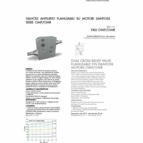 DUAL CROSS RELIEF VALVE FLANGABLE ON DANFOSS MOTORS OMP/OMR-2 hydraulicplanet The technical datasheet for the DUAL CROSS RELIEF VALVE FLANGEABLE ON DANFOSS MOTORS OMP/OMR includes a product image, specifications, and hydraulic diagram.