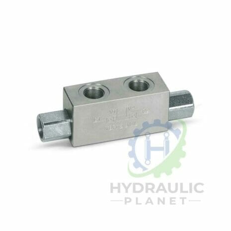 hydraulicplanet The DOUBLE PILOT OPERATED CHECK VALVE features four threaded ports, engraved labels, and an integrated double pilot function, shown on a white background with the Hydraulic Planet logo.