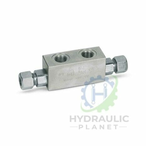 hydraulicplanet Double pilot operated check valve for 12mm banjo mounting with two threaded top ports and compression fittings at each end, shown with a "Hydraulic Planet" watermark in the lower right-hand corner.