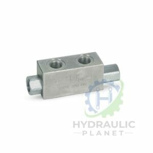 hydraulicplanet The SINGLE PILOT OPERATED CHECK VALVE features a metal block design with two threaded ports on top and one on each end, shown on a white background with the Hydraulic Planet logo.