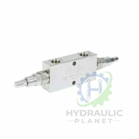 hydraulicplanet A DOUBLE OVERCENTRE VALVE hydraulic flow control valve with two threaded connectors shown on a white background, featuring the Hydraulic Planet logo.