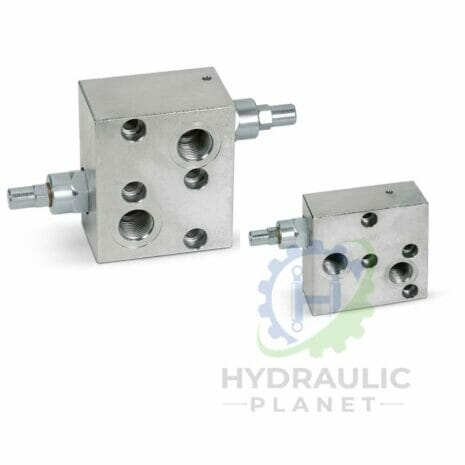 hydraulicplanet Two OVERCENTRE VALVES FLANGEABLE ON DANFOSS MOTORS OMP/OMR are shown on a white background with the "Hydraulic Planet" logo. Each rectangular valve features multiple threaded ports and fittings, designed for compatibility with Danfoss OMP/OMR motors.