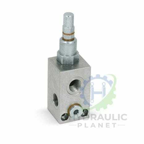 hydraulicplanet The RELIEF VALVE is a metal hydraulic valve block featuring multiple threaded ports and an adjustable relief valve knob, shown on a white background.