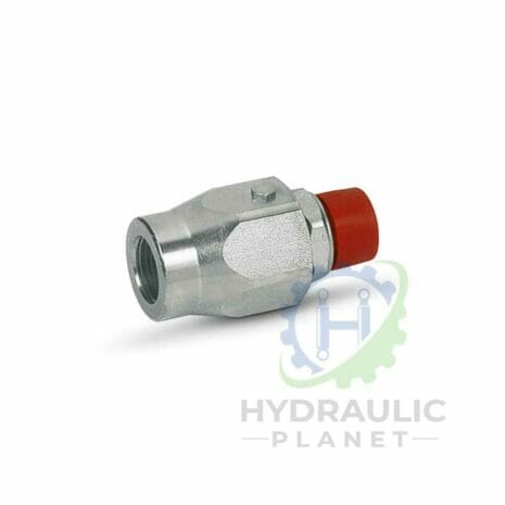INLINE ROTATING COUPLING hydraulicplanet A TEE MALE ADAPTOR BSPP hydraulic fitting with a hexagonal section and red cap, shown on a white background featuring the Hydraulic Planet logo.