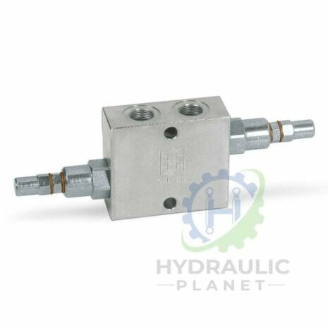 hydraulicplanet The DUAL CROSS RELIEF VALVE features two threaded ports on top and two hose fittings on each side, displayed against a white background.