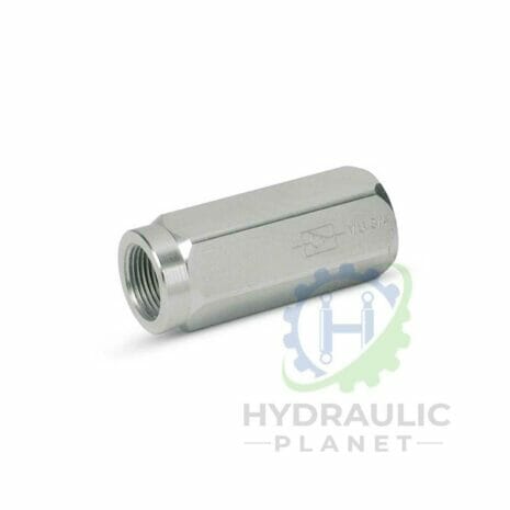 hydraulicplanet The CHECK VALVE is a silver metal hydraulic valve with a hexagonal body and internal threading on one end, shown on a white background with the Hydraulic Planet logo below.