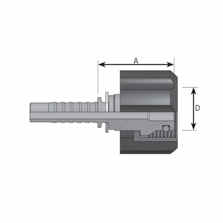 hydraulicplanet Cross-sectional technical drawing of a mechanical fitting showing dimensions labelled A (length) and D (diameter).