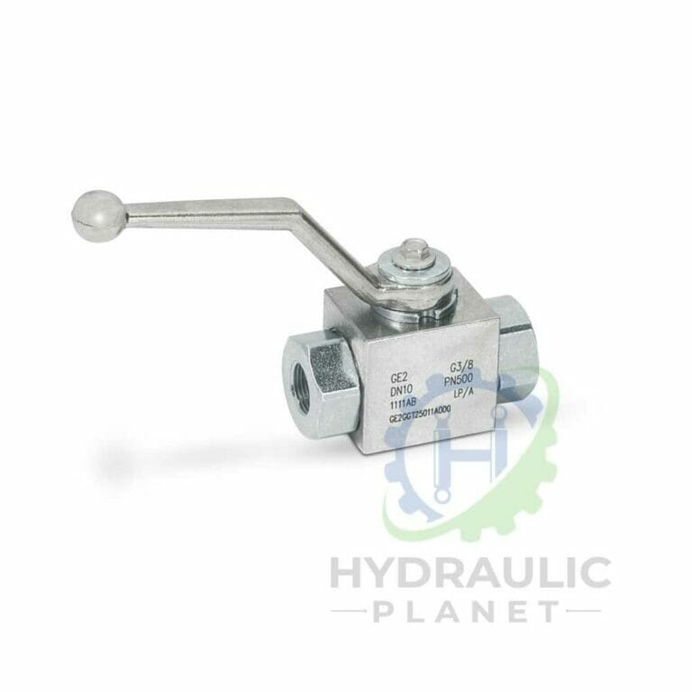 hydraulicplanet 90° Adaptor Male BSPP to Swivel Female BSPP with technical specifications is displayed next to a metal hydraulic ball valve with a lever handle on a white background featuring the Hydraulic Planet logo.