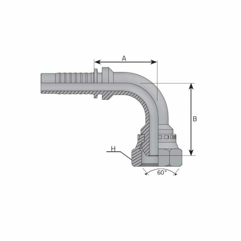 hydraulicplanet Technical diagram of the BSPP FEMALE 90° ELBOW (CRIMP NUT) hydraulic hose fitting, labelled with dimensions A, B, and H, showing a crimp nut and a 60-degree base angle.