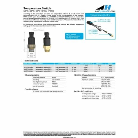 TEMPERATURE SWITCH FOR OIL/AIR COOLERS-2 hydraulicplanet Product datasheet for FLANGE CODE 62 6000 PSI - 90° ELBOW with images, technical data, characteristics, electrical specifications, pressure rating (6000 PSI), ambient conditions, and available combinations—all in a clear table.