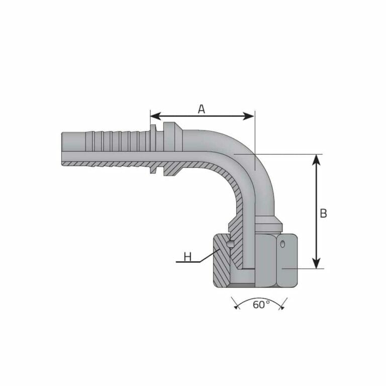 hydraulicplanet Technical drawing of a BSPP FEMALE - 90° ELBOW (THRUST-WIRE NUT) pipe fitting, showing dimensions A, B, H, and a 60-degree angle. The fitting has a BSPP female threaded end and a barbed hose connexion.