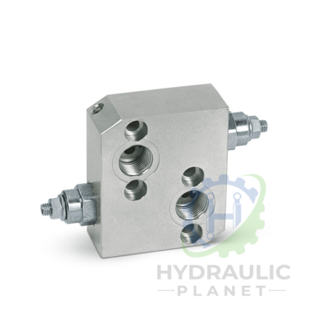 hydraulicplanet DUAL CROSS RELIEF VALVE FLANGEABLE ON DANFOSS MOTORS OMP/OMR, silver hydraulic block with threaded ports and fittings, dual cross relief valve feature. Displayed on white background with faint Hydraulic Planet logo. Compatible with DANFOSS OMP/OMR series.