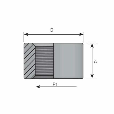 WELDING STUD BSPP hydraulicplanet Technical drawing of the WELDING STUD BSPP, a cylindrical part with labelled dimensions D, F1, and A, featuring a partial cross-section that reveals internal BSPP threading.
